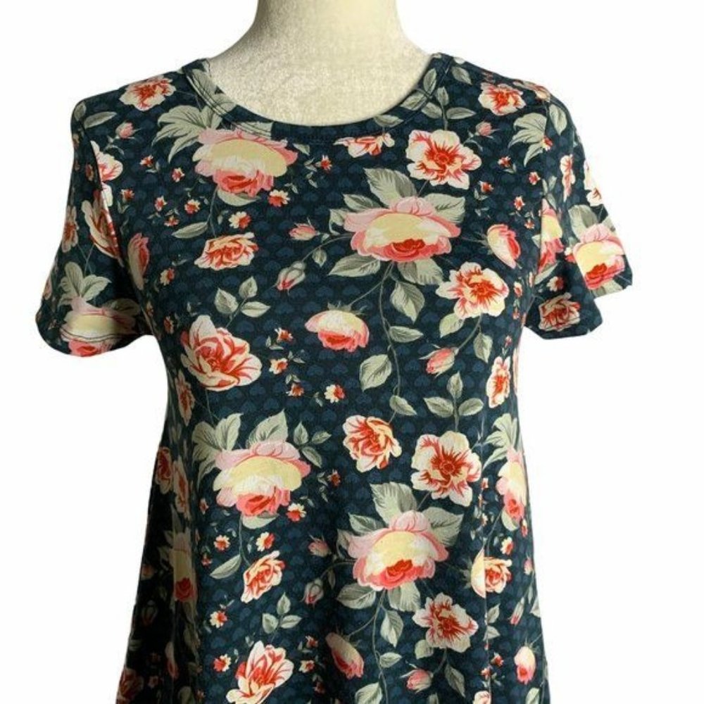 LulaRoe Short Sleeve Swing Dress XXS Blue Floral Pockets Round Neck Knee Length